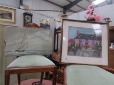 An oil on canvas of a sailing boat in a storm (signed) and a gouache of horse and hounds outside a