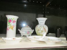 A Royal Doulton vase, a Royal Crown Derby pin dish and 3 other items.