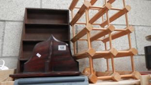 A mixed lot of wooden items including shelves, wine rack, tree ornament and owl coat hook.