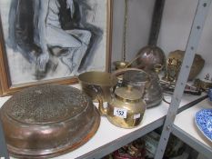 A mixed lot of brass ware including pans, weights, kettle, candle snuffer etc.