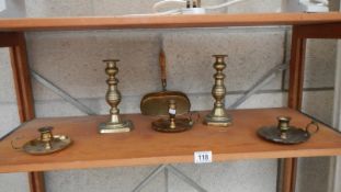 A mixed lot of brass including crumb tray, candlesticks, chamber sticks etc.