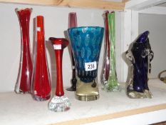 8 assorted art glass vases including 'Jack in the Pulpit' style.