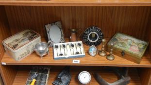 A mixed lot of metalware including pair of brass candlesticks,.