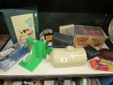 A mixed lot including key cabinet, retro hair dryer, pack of Kiwi blue marine shoe polish etc,