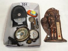 A mixed lot including compasses, thermometer etc.