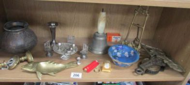 A mixed lot of brassware including oriental bowl, brass bell, cloissonne bowl etc.