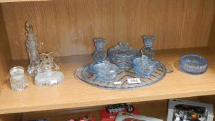 A blue glass trinket set and other glass ware.