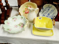 A mixed lot including strainer bowl on stand, jug, bowls etc.