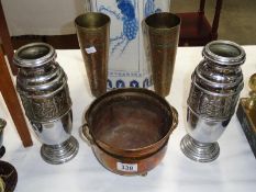 2 pairs of metal vases and a brass jardiniere.