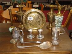 A quantity of brass and silver plate including vases, candlesticks etc.
