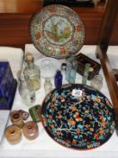 3 items of enamel ware, a quantity of glass and stoneware bottles, tins etc.