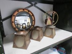 A companion set, a mirror and 3 lamp shades.