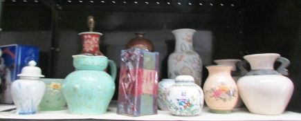 A mixed lot of vases, ginger jars etc, one shelf.