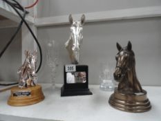 3 horse racing trophies and 2 glasses