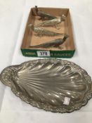 A silver plated shell tray and 2 pairs of silver plated pheasants