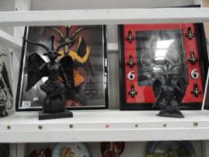 3 framed and glazed pictures of Baphomet and 2 Baphomet figurines