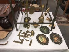 A collection of metal items including Dancing lady Holding Gong etc