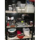 3 shelves of kitchenware including storage boxes, pots, pans & grilling machine etc.