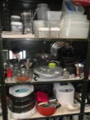 3 shelves of kitchenware including storage boxes, pots, pans & grilling machine etc.