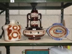 2 German pottery vases & a dish