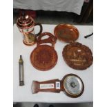 A barometer, carved wood key rack, copperware etc.
