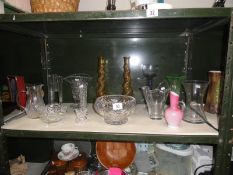 A shelf of assorted glassware including glass bowl etc