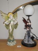 A Gothic style table lamp & angel figure A/F