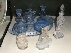 A blue glass trinket set & 2 scent bottles etc.