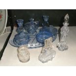 A blue glass trinket set & 2 scent bottles etc.