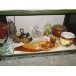 A shelf of miscellaneous wood, metalware & ceramics etc.
