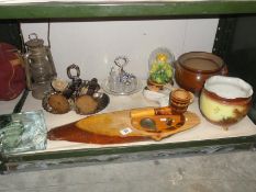 A shelf of miscellaneous wood, metalware & ceramics etc.