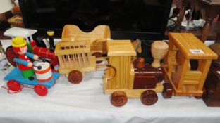 A quantity of wooden trains including a educational come apart example