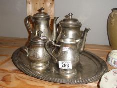 A 4 piece plated tea set on tray