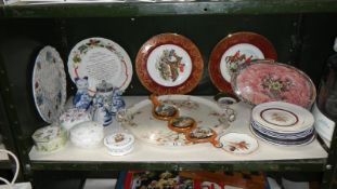 A shelf of miscellaneous china including Sylvac wall plates & trinket pots etc.