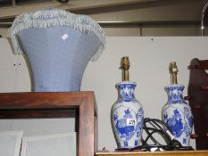 A pair of blue & white table lamps with shades 1 A/F