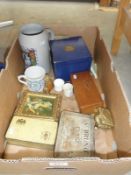 A mixed lot including tins, chess pieces, china etc.