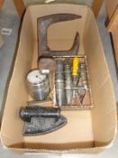 A box of miscellaneous including flat iron, shoe lasts etc.