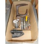 A box of miscellaneous including flat iron, shoe lasts etc.