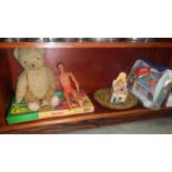 A mixed lot including vintage straw filled teddy bear etc.