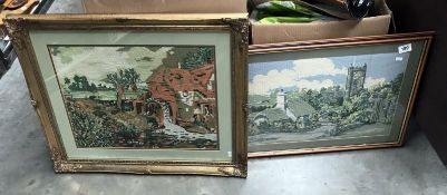 2 framed & glazed woven pictures of a village & water mill