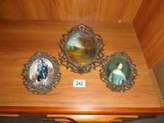 2 portraits in metal frames & 1 landscape in metal frame