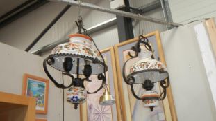 A matching single & double ceramic & wrought iron hanging lamps