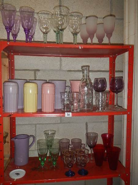 3 shelves of glass ware etc.