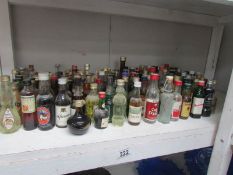 A shelf of assorted miniature wines and spirits.