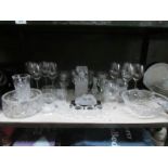 A good cut glass decanter, 2 cut glass fruit bowls,