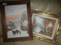 A framed oil on board of man with 2 horses and a framed watercolour river scene.
