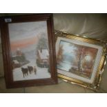 A framed oil on board of man with 2 horses and a framed watercolour river scene.