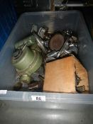 A box of interesting cast and fabricated metal parts and assemblies.