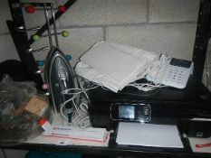 A mixed lot of household goods including electric iron, computer printer, coat hooks, copper,