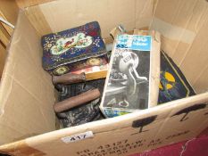 A box of miscellaneous including flat irons.
